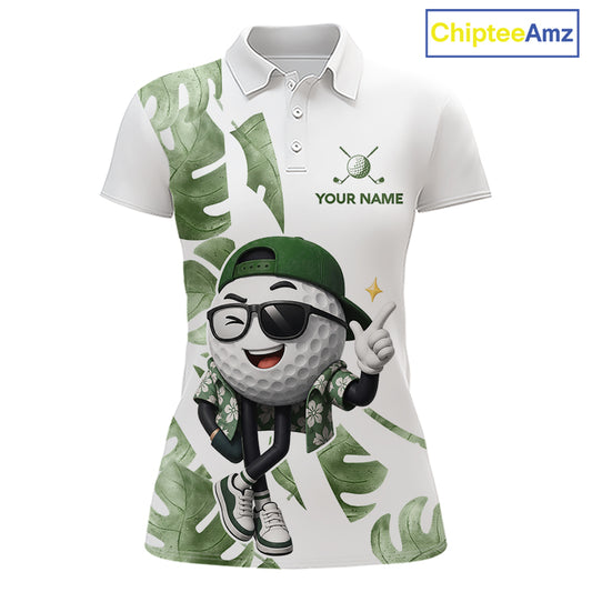 Funny Golf Ball Tropical Pattern Custom Womens Golf Polo Shirts, Golfing Gifts|Green NBT709