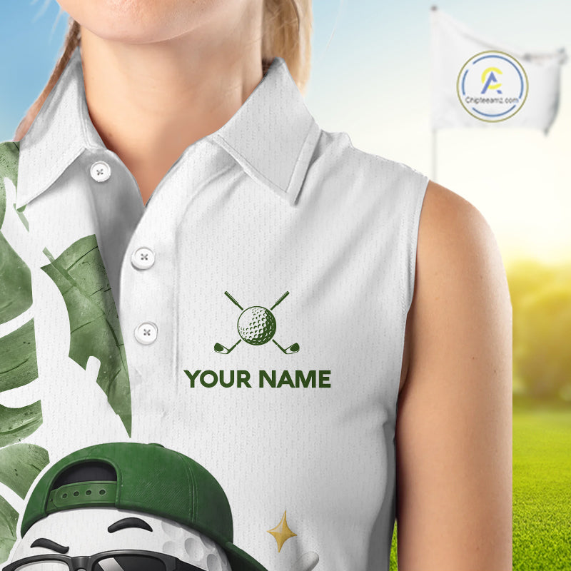Funny Golf Ball Tropical Pattern Custom Womens Sleeveless Golf Polo Shirts, Golfing Gifts|Green NBT709