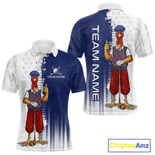 Load image into Gallery viewer, Front and back view of funny colorful rooster American Flag mens golf polo shirt with personalized name