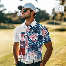 Load image into Gallery viewer, Man wearing a colorful golf shirt with flamingo design on a golf course