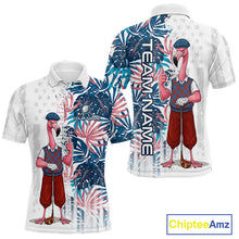 Load image into Gallery viewer, Front and back view of funny colorful rooster American Flag mens golf polo shirt with personalized name