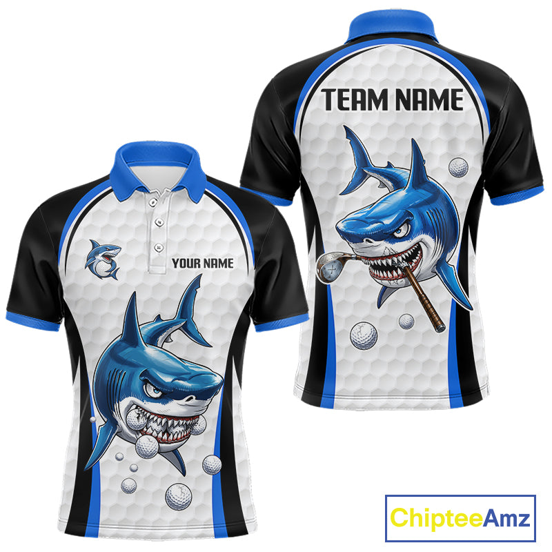 Blue White Shark Pattern Mens Golf Polo Shirt Front and Back View Custom Name Custom Team Name