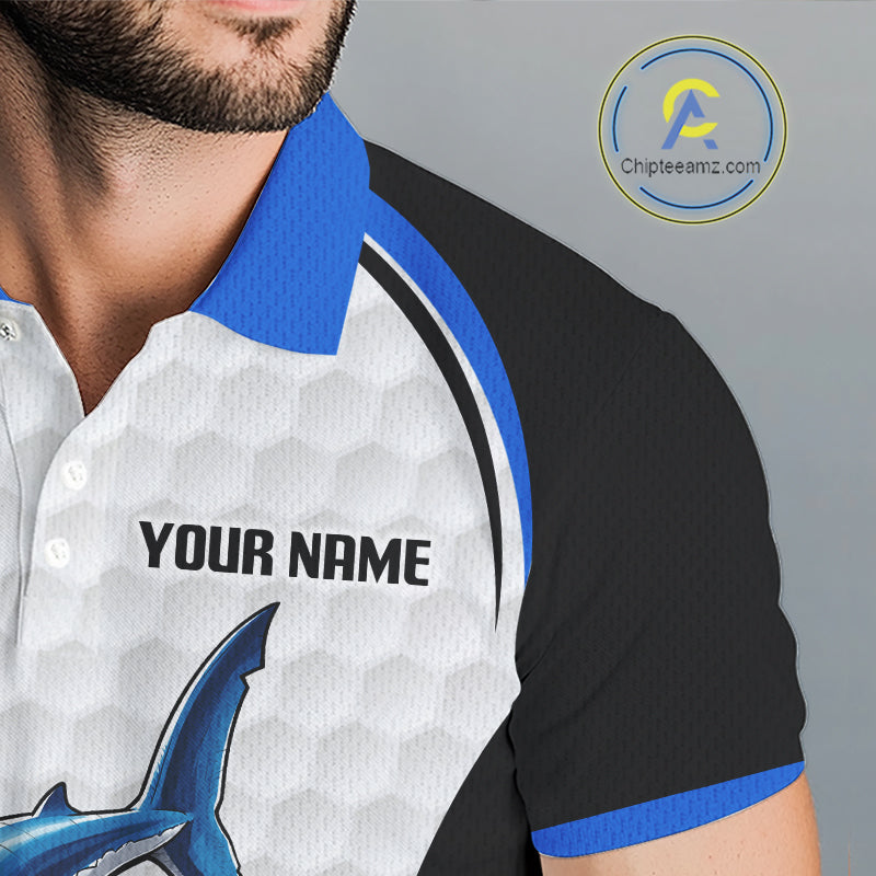 Blue White Shark Pattern Mens Golf Polo Shirt Detail View Funny Shark Design