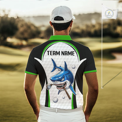 Man wearing Green White Shark Pattern Mens Golf Polo Shirt Back View with custom team name on the back