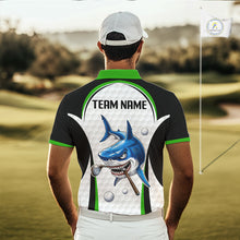 Load image into Gallery viewer, Man wearing Green White Shark Pattern Mens Golf Polo Shirt Back View with custom team name on the back