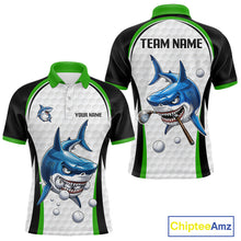 Load image into Gallery viewer, Green White Shark Pattern Mens Golf Polo Shirt Front and Back View Custom Name Custom Team Name