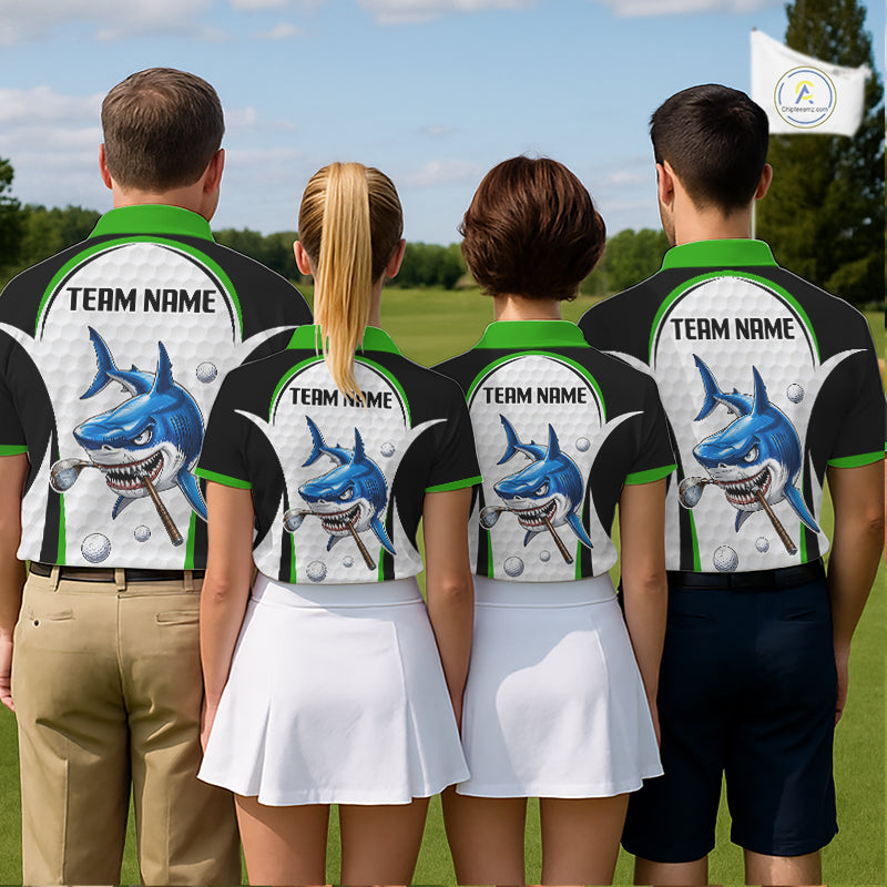 Team wearing Green White Shark Pattern Mens Golf Polo Shirt Custom Team Name on the back
