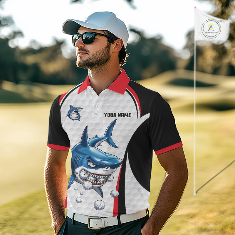 Man wearing Red White Shark Pattern Mens Golf Polo Shirt Front View with Personalized Name on the chest