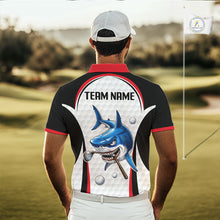 Load image into Gallery viewer, Man wearing Red White Shark Pattern Mens Golf Polo Shirt Back View with custom team name on the back