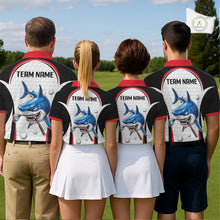 Load image into Gallery viewer, Team wearing Red White Shark Pattern Mens Golf Polo Shirt Custom Team Name on the back