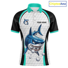 Load image into Gallery viewer, Turquoise White Shark Pattern Mens Golf Polo Shirt Front View Custom Name
