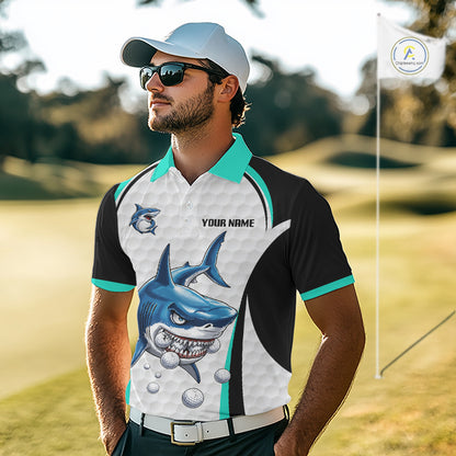 Man wearing Turquoise White Shark Pattern Mens Golf Polo Shirt Front View with Personalized Name on the chest