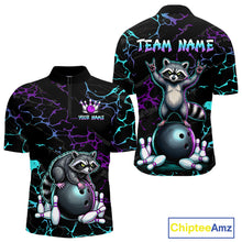 Load image into Gallery viewer, Neon Blue Purple Funny Raccoon Bowling Team Shirt Customized Bowling League Polo &amp; 1/4 Zip Gift For Men NBT893