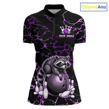 Load image into Gallery viewer, Purple Funny Raccoon Bowling Team Shirt Customized Bowling League Polo &amp; 1/4 Zip Gift For Women NBT894