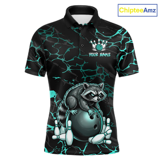 Turquoise Funny Raccoon Bowling Team Shirt Customized Bowling League Polo & 1/4 Zip Gift For Men NBT895
