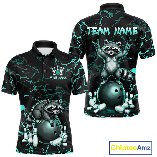 Turquoise Funny Raccoon Bowling Team Shirt Customized Bowling League Polo & 1/4 Zip Gift For Men NBT895