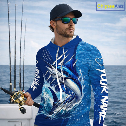 Marlin Fishing Custom Long Sleeve Hooded Performance Fishing Shirts, Marlin Saltwater Fishing Shirt NBT720
