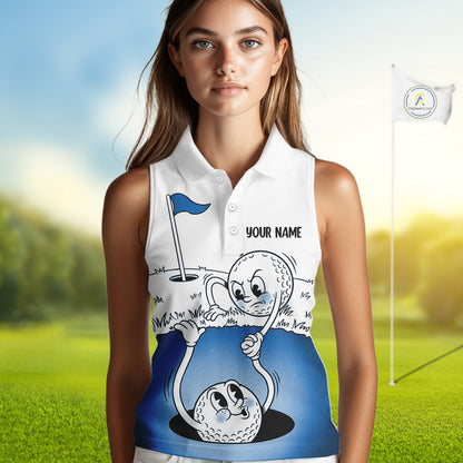 Blue Funny Sleeveless Golf Rescue Team Polo Shirt Custom Name, Golf Ball Cartoon Polo, White Golf Shirt NBT599