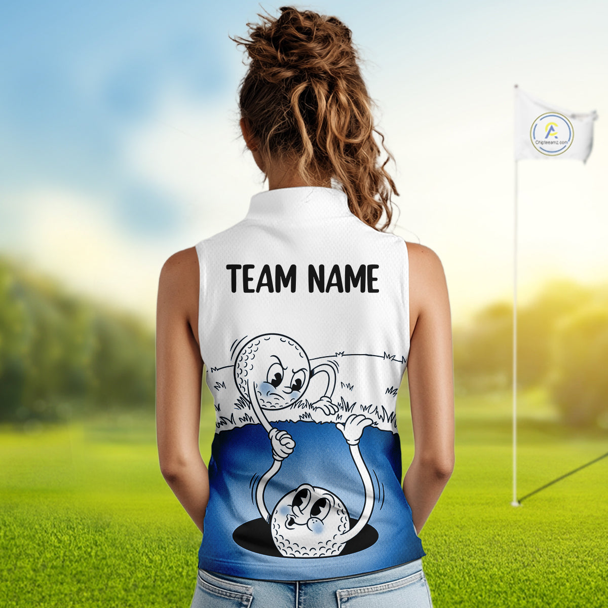 Blue Funny Sleeveless Golf Rescue Team Polo Shirt Custom Name, Golf Ball Cartoon Polo, White Golf Shirt NBT599
