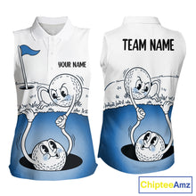 Load image into Gallery viewer, Blue Funny Sleeveless Golf Rescue Team Polo Shirt Custom Name, Golf Ball Cartoon Polo, White Golf Shirt NBT599