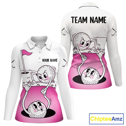 Pink Funny Golf Rescue Team Polo Shirt Custom Name, Golf Ball Cartoon Polo, White Golf Shirt NBT600