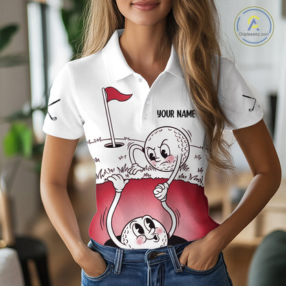 Red Funny Golf Rescue Team Polo Shirt Custom Name, Golf Ball Cartoon Polo, White Golf Shirt NBT601