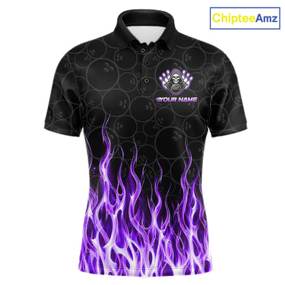 Custom Purple Fire Flame Grim Reaper Skull Bowling Menpolo & 1/4 Quarter Zip Shirt, Halloween Outfit NBT900
