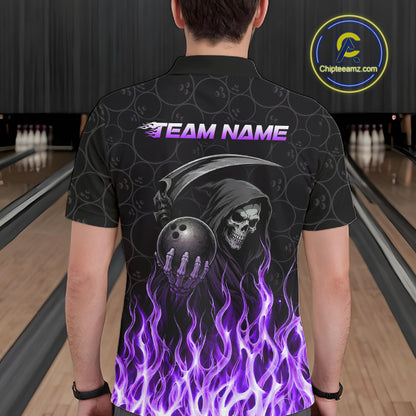 Custom Purple Fire Flame Grim Reaper Skull Bowling Menpolo & 1/4 Quarter Zip Shirt, Halloween Outfit NBT900