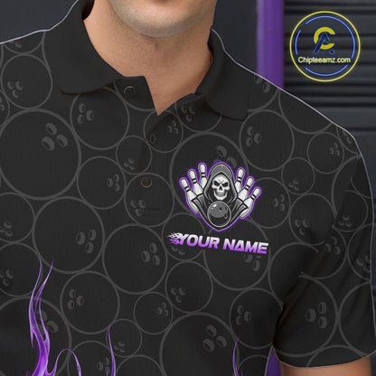 Custom Purple Fire Flame Grim Reaper Skull Bowling Menpolo & 1/4 Quarter Zip Shirt, Halloween Outfit NBT900