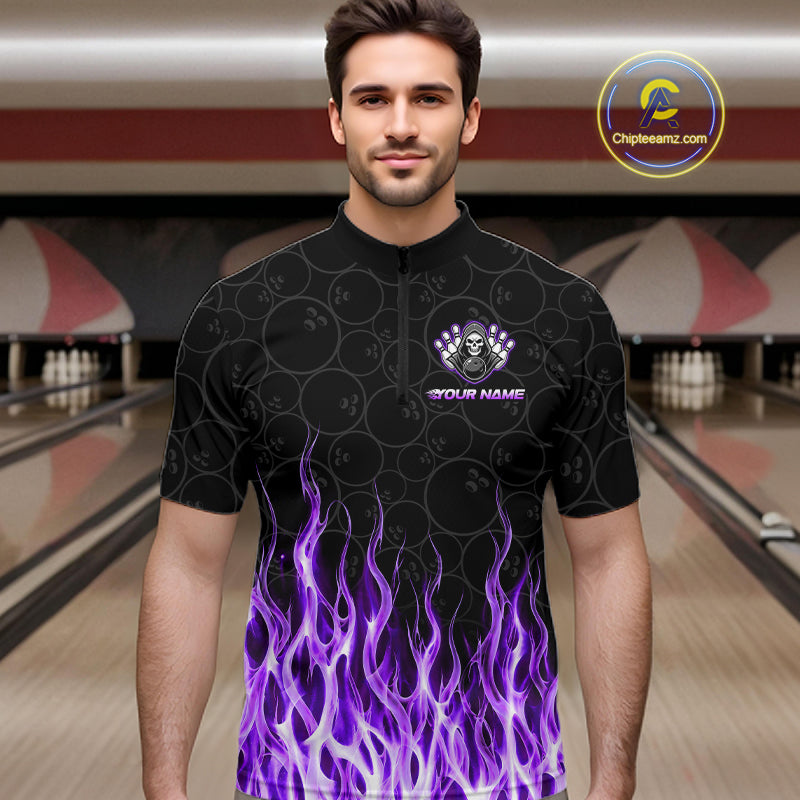 Custom Purple Fire Flame Grim Reaper Skull Bowling Menpolo & 1/4 Quarter Zip Shirt, Halloween Outfit NBT900