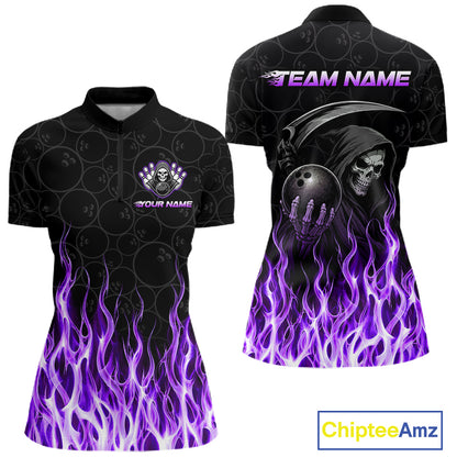 Custom Purple Fire Flame Grim Reaper Skull Bowling Women polo & 1/4 Quarter Zip Shirt, Halloween Outfit NBT900