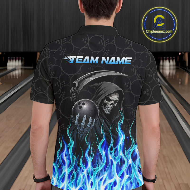 Custom Blue Fire Flame Grim Reaper Skull Bowling Menpolo & 1/4 Quarter Zip Shirt, Halloween Outfit NBT901