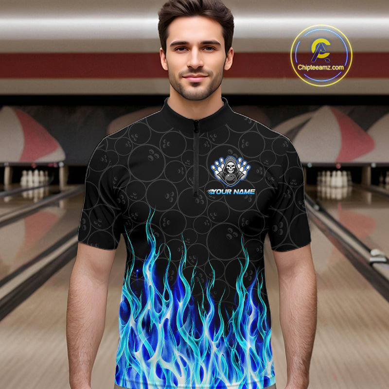 Custom Blue Fire Flame Grim Reaper Skull Bowling Menpolo & 1/4 Quarter Zip Shirt, Halloween Outfit NBT901
