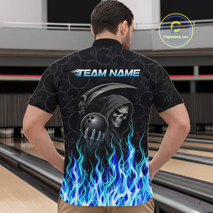 Custom Blue Fire Flame Grim Reaper Skull Bowling Menpolo & 1/4 Quarter Zip Shirt, Halloween Outfit NBT901
