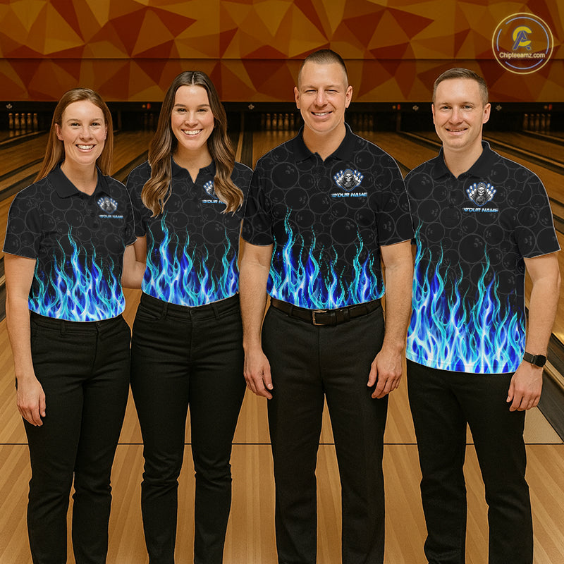 Custom Blue Fire Flame Grim Reaper Skull Bowling Menpolo & 1/4 Quarter Zip Shirt, Halloween Outfit NBT901