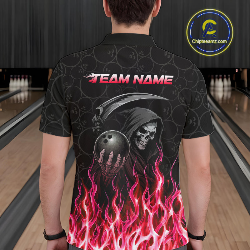 Custom Red Fire Flame Grim Reaper Skull Bowling Menpolo & 1/4 Quarter Zip Shirt, Halloween Outfit NBT902