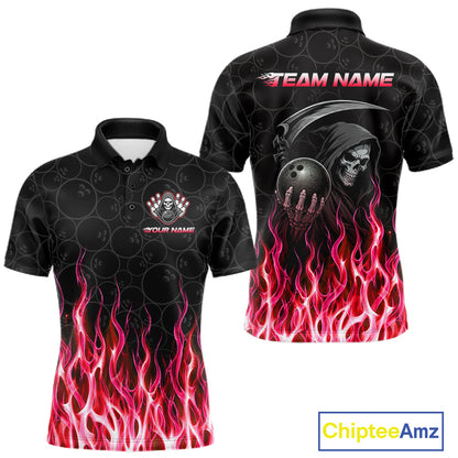 Custom Red Fire Flame Grim Reaper Skull Bowling Menpolo & 1/4 Quarter Zip Shirt, Halloween Outfit NBT902