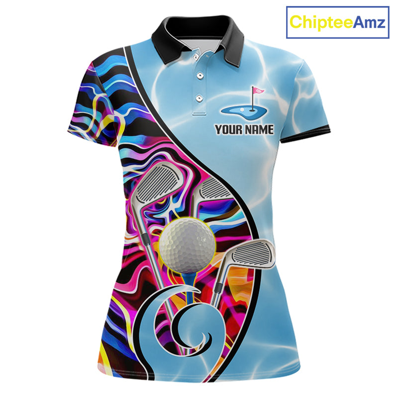 Womens Golf Polo Shirt Holographic Marble Golf Pattern For Team, Golf Attire For Women|Blue NBT724