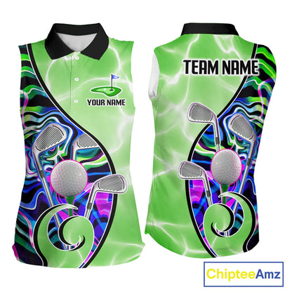 Womens Sleeveless Golf Polo Shirt Holographic Marble Golf Pattern For Team, Golf Attire For Women|Green NBT725