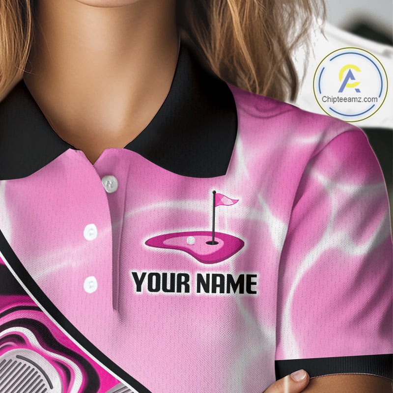 Womens Golf Polo Shirt Holographic Marble Golf Pattern For Team, Golf Attire For Women|Pink NBT726