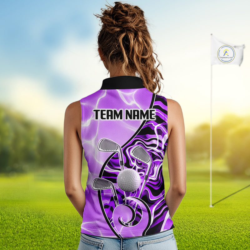 Womens Sleeveless Golf Polo Shirt Holographic Marble Golf Pattern For Team, Golf Attire For Women|Purple NBT727