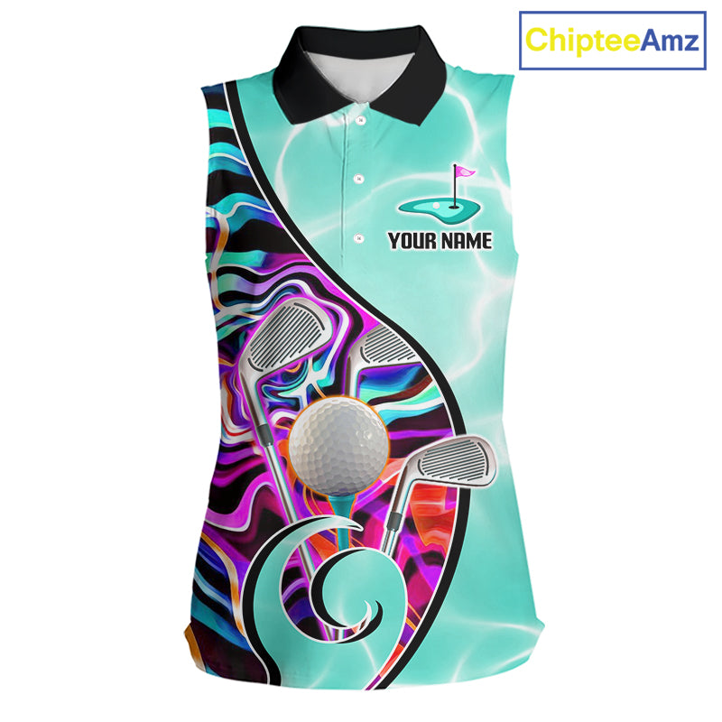 Womens Sleeveless Golf Polo Shirt Holographic Marble Golf Pattern For Team, Golf Attire For Women|Turquoise NBT728