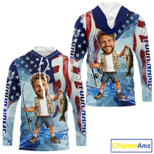 Load image into Gallery viewer, Custom Photo Funny Bass Fishing Shirts Long Sleeve Hooded American Flag For Men, Funny Bass Fishing Team|Blue NBT730