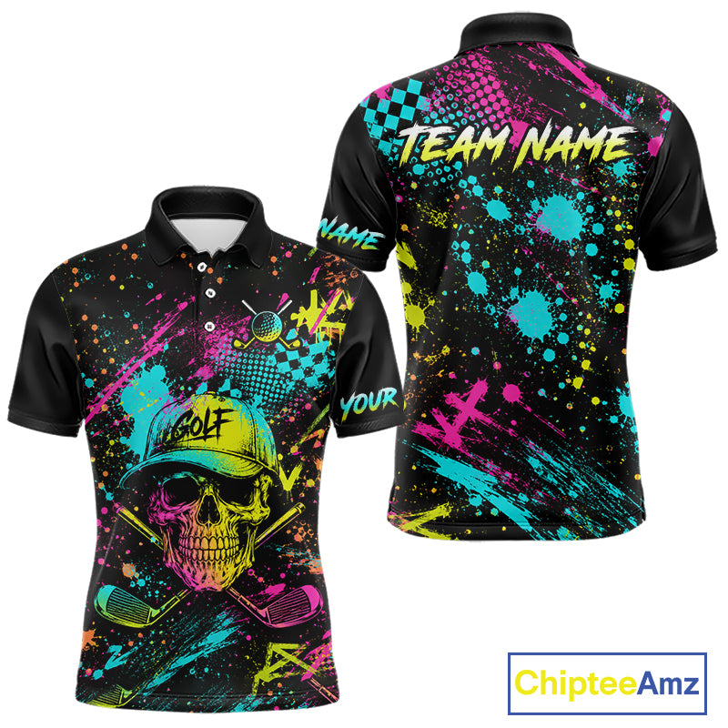 Golf Skull Graffiti Mens Golf Polo Shirt front and back view - streetwear skull graffiti design, breathable polyester fabric, short sleeve Polo tailored fit, custom team shirt
