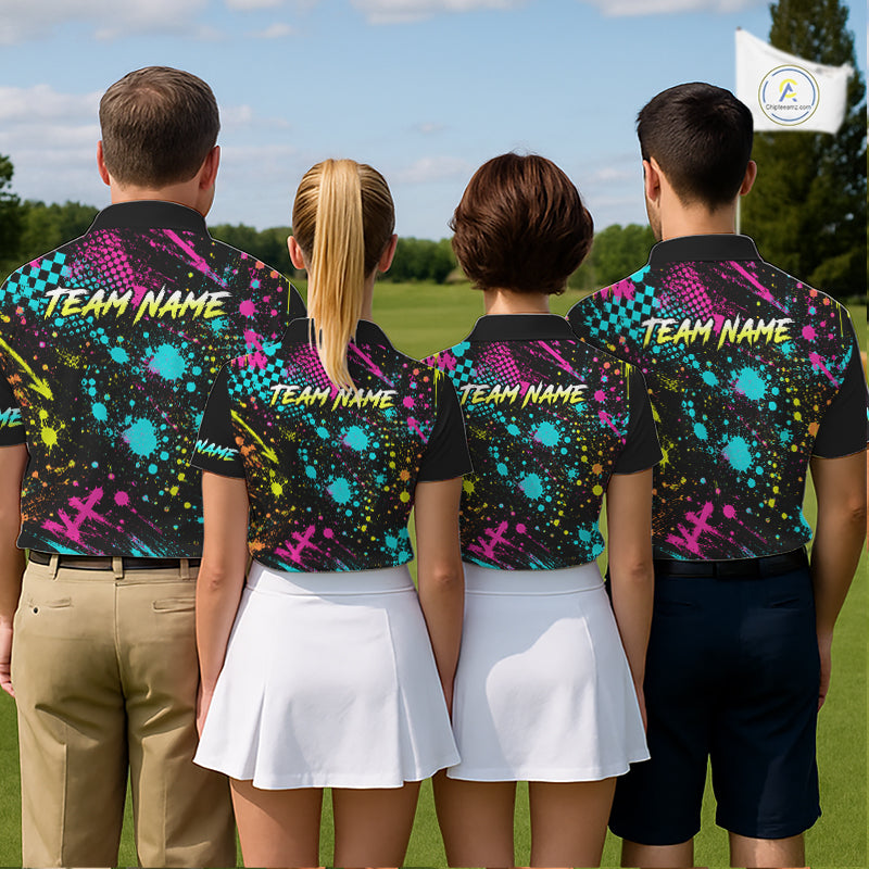 Golf Skull Graffiti Mens Golf Polo Shirt for team golf group - multiple golfers wearing streetwear skull graffiti Polo shirts, custom team name available