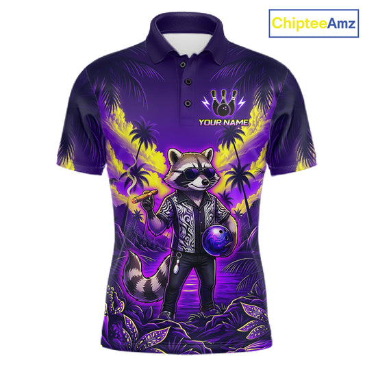 Front view of funny cool raccoon bowling ball shirt for men in blue tropical team polo style