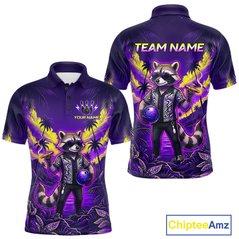 Funny Cool Raccoon Bowling Ball Shirt For Men Custom Blue Tropical Team Jersey Bowling League NBT903