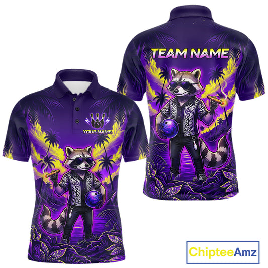 Front and back view of funny cool raccoon bowling ball shirt for men in blue tropical team polo style