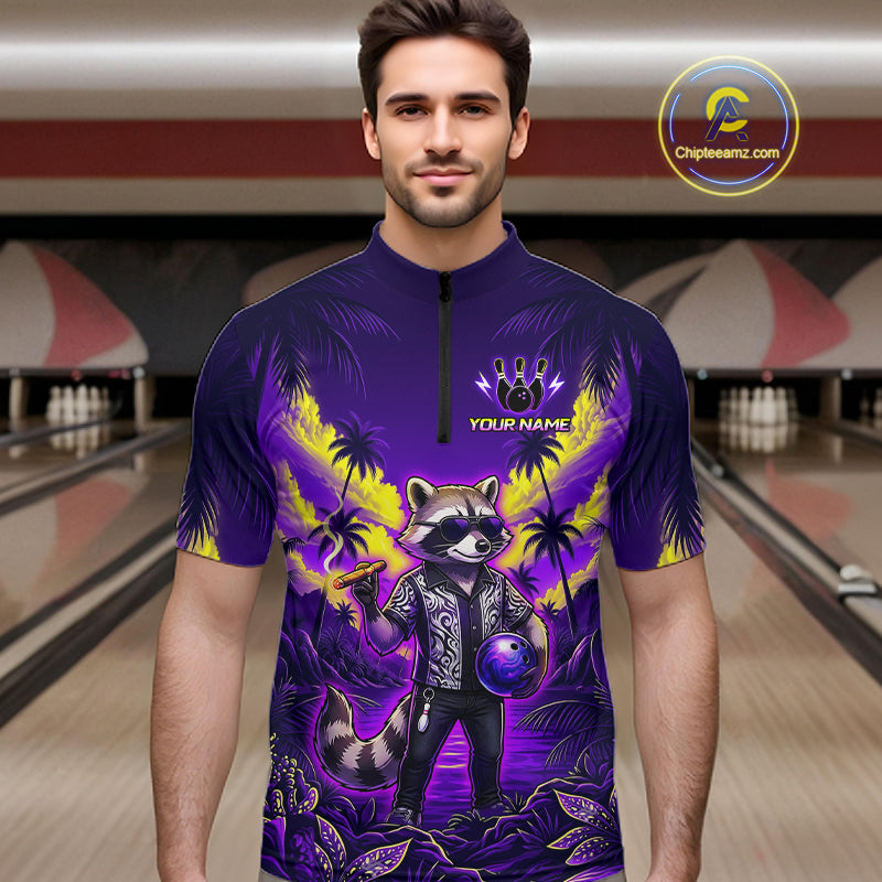 Funny Cool Raccoon Bowling Ball Shirt For Men Custom Blue Tropical Team Jersey Bowling League NBT903