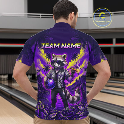 Funny Cool Raccoon Bowling Ball Shirt For Men Custom Blue Tropical Team Jersey Bowling League NBT903